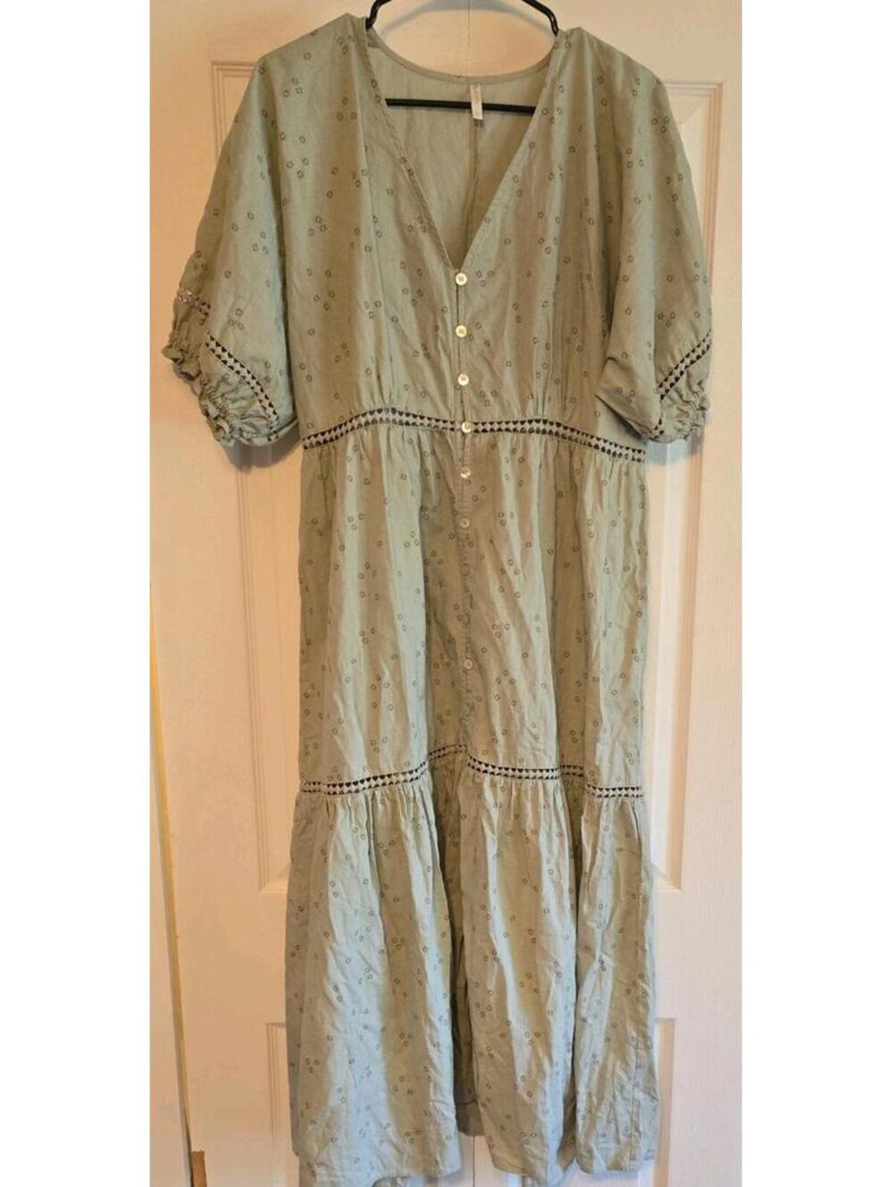 Rylee & Cru Sz L Maxi Dress Cottagecore Prairie Tiered Button Front linen Cotton